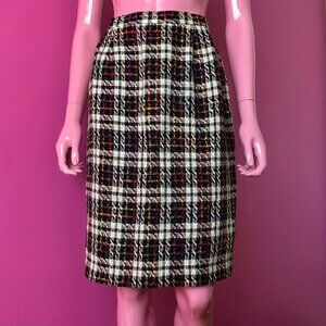 Vintage 80s M Plaid Skirt Pencil Midi Chunky Woven Colorful Rainbow Black Ivory